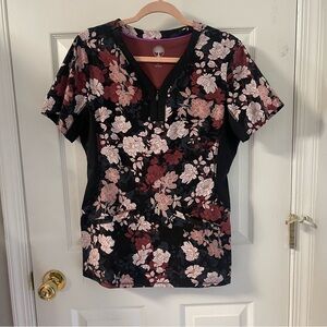 Healing Hands Black and Pink Floral scrub top
